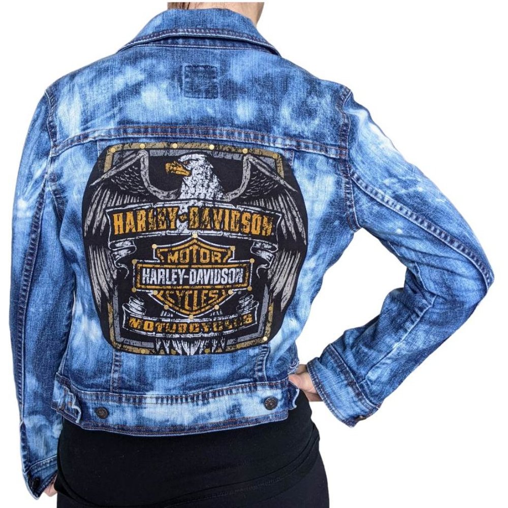 Harley Davidson Custom Upcycled Jean Jacket Bleached Rivetted One Of A Kind sz M